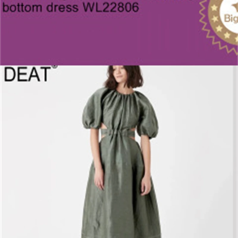 

Round 2020 New Neck Lantern Sleeves Hollow Out Pullover High Waist Printed Vacation Dress Female Vestido