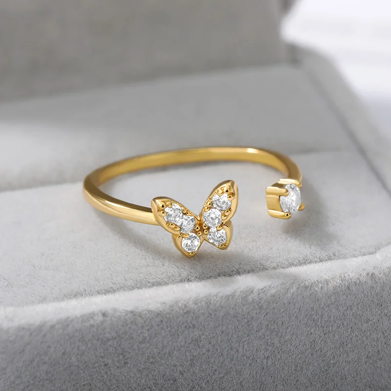 

Shining Crystal Zircon Rose Gold Dancing Moving Butterfly Rings Insect Open Adjustable Finger Rings For Girls Wedding Jewelery