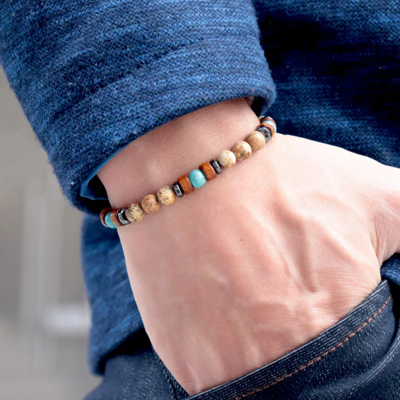 Мужской деревянный браслет ручной работы античный в стиле бохо с бисером мужской