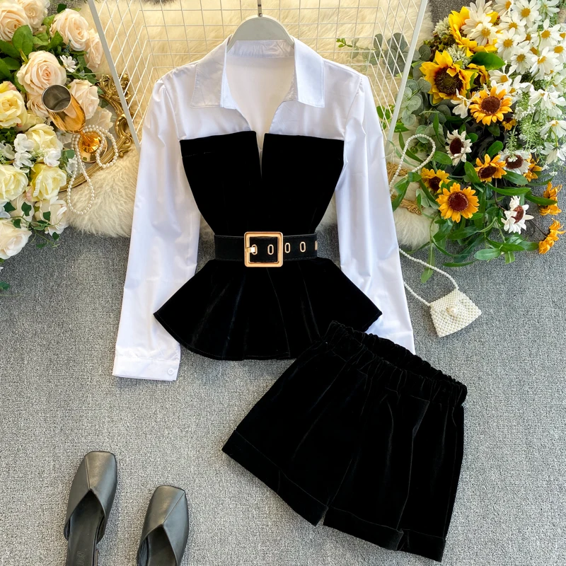 

2021 Spring Autumn Long Sleeve Velvet Tops With Belt Elastic Shorts Two Piece Set Women