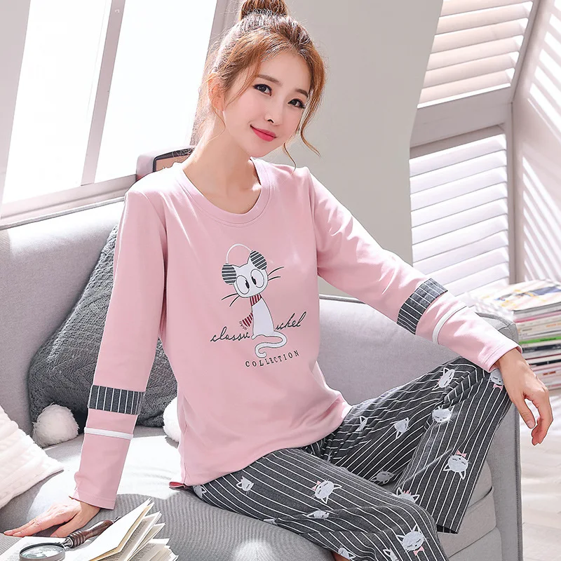 women pajama set Зимняя Пижама для отдыха и сна, топ с длинными рукавами+ длинные штаны, Женский пижамный комплект, мультяшная Пижама, Хлопковая пижама для женщин, Размеры M, L, XL, XXL, XXXL - Цвет: women pajama set