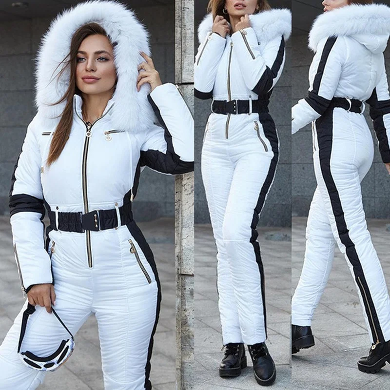 

Winter Suits Comfy Hooded Faux Fur Jacket Plus Size Warm Female Pants Suit Sets Ski Jumpsuit Women White With Black Insert Ski