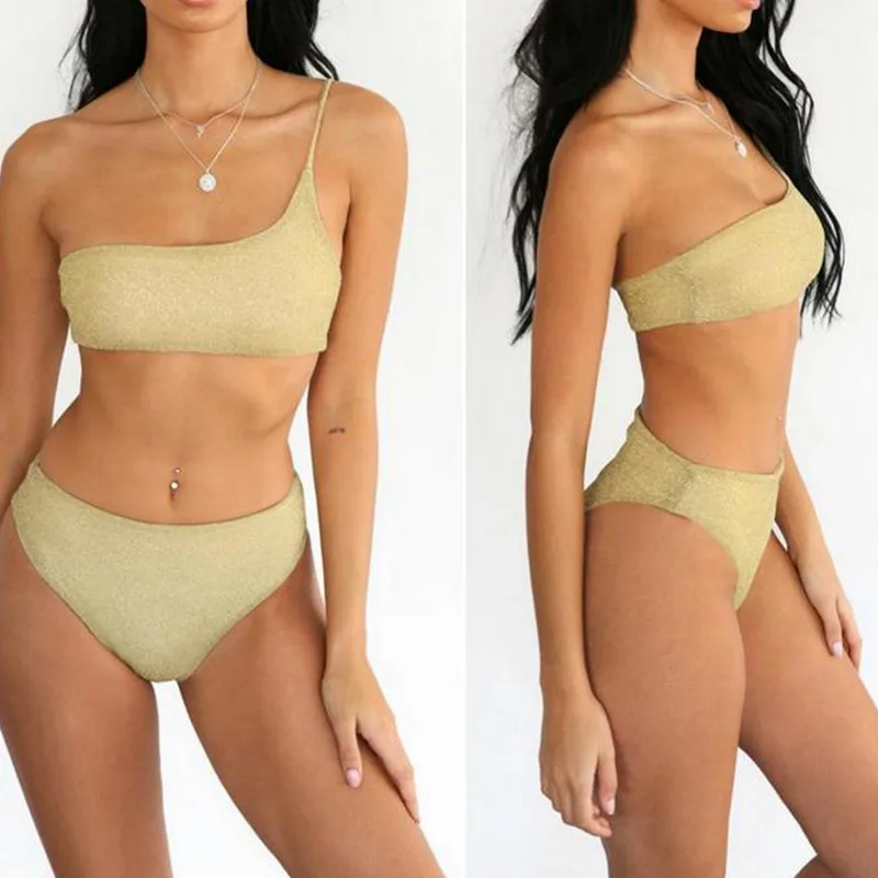 Женский бандажный комплект бикини с блестками пуш-ап на одно плечо подкладкой