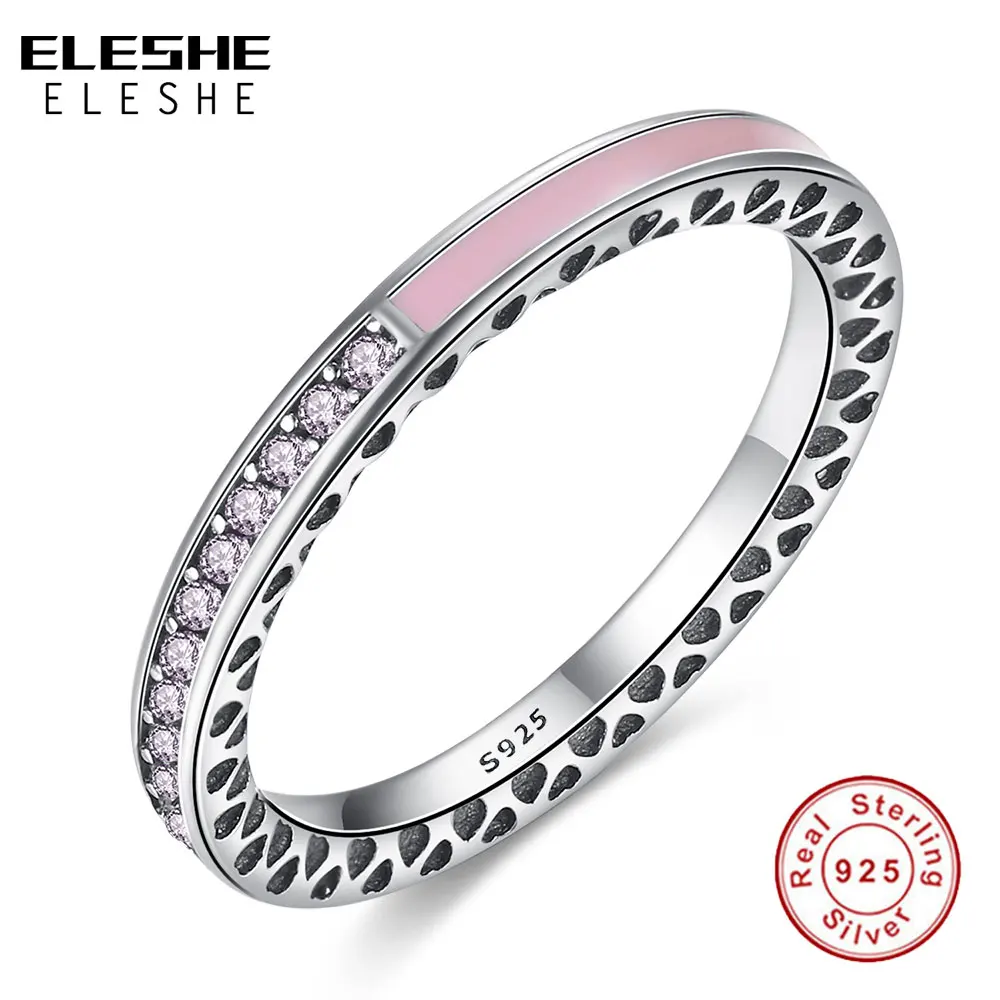 Подлинный eleshe, 925 пробы, серебряное, сияющее сердце, светильник, Розовая эмаль и прозрачное CZ Кольцо на палец, для женщин, девочек, свадебное, модное ювелирное изделие