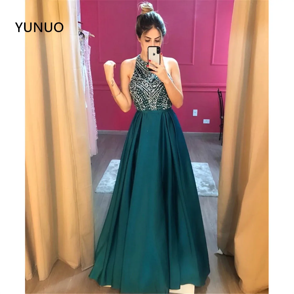 

YUNUO Dark Green O Neck Evening Formal Dresses Long Beading A Line Floor Length vestidos de fiesta Prom Dress Racer's Back