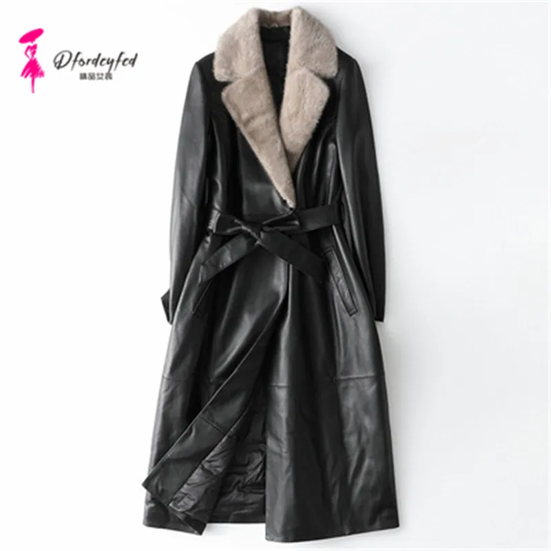 

Женский длинный пуховик из овечьей кожи, с воротником из меха норки, на осень и зиму, T225, 2021