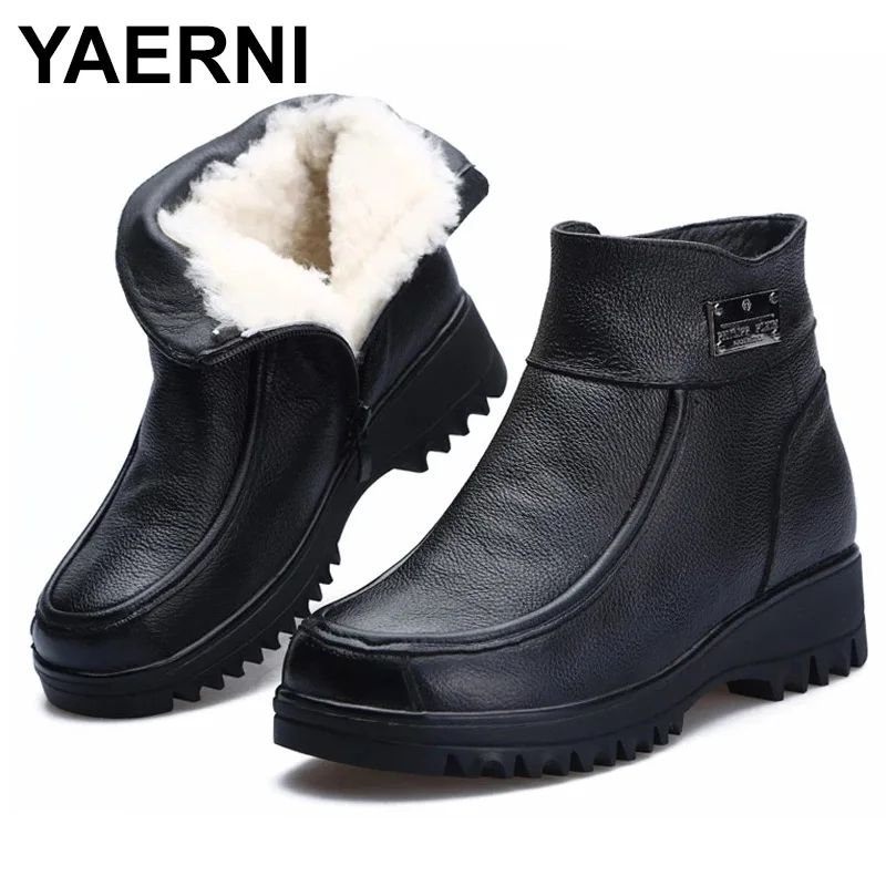 

YAERNI 2021 New Winter Ankle Boots Women Snow Boots Natural Wool Genuine Leather Wedge Platform Heel Zipper Warm Short Boots