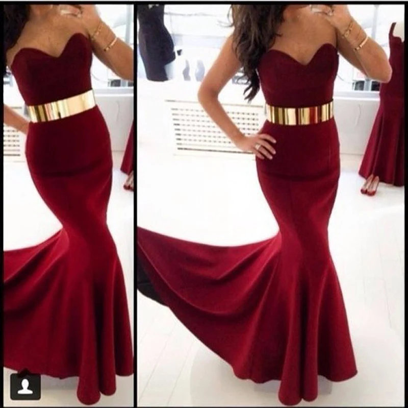 

2018 Sexy Sweetheart Burgundy Satin Long Mermaid Prom Sweep Train party gown With Gold Belt brides bridesmaid dresses