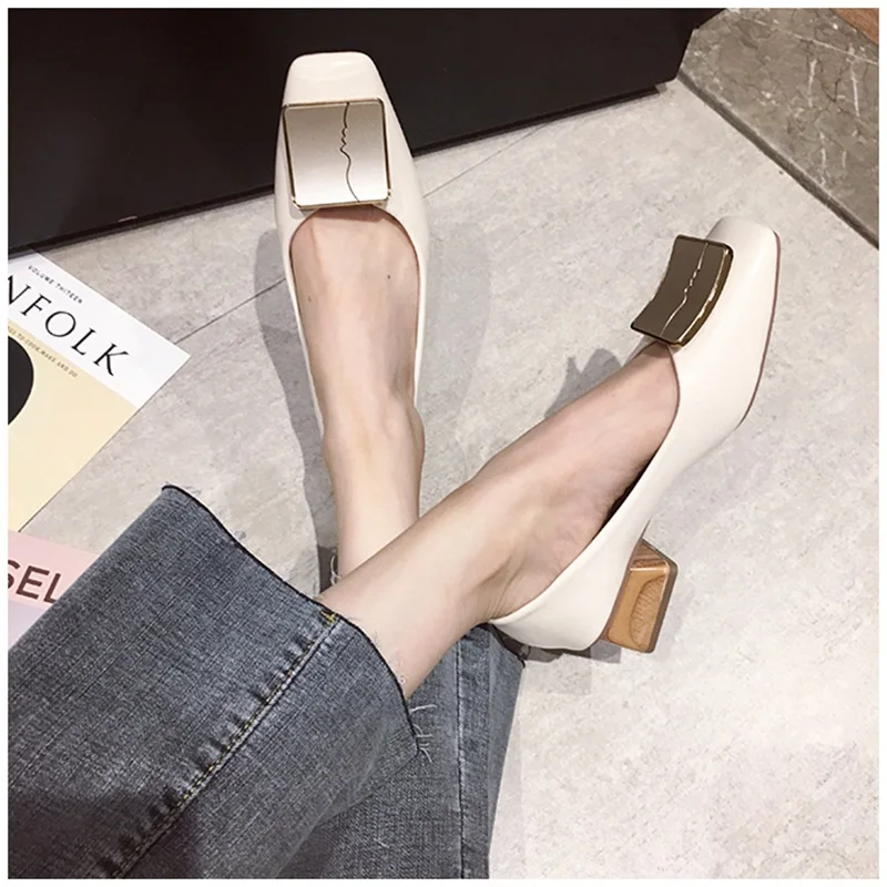 SUOJIALUN Luxury Women Spring Flat Shoes Square Toe Medium Heels Fashion Metal Boat Low Heels Shoes Women Dress Shoes
