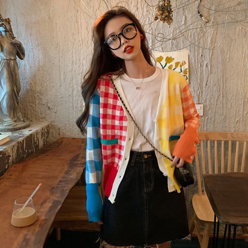 Women's Patchwork Plaid Knit Cardigan Woman Single-breasted Sweater Korean Fashion Chic Thin GD081 |