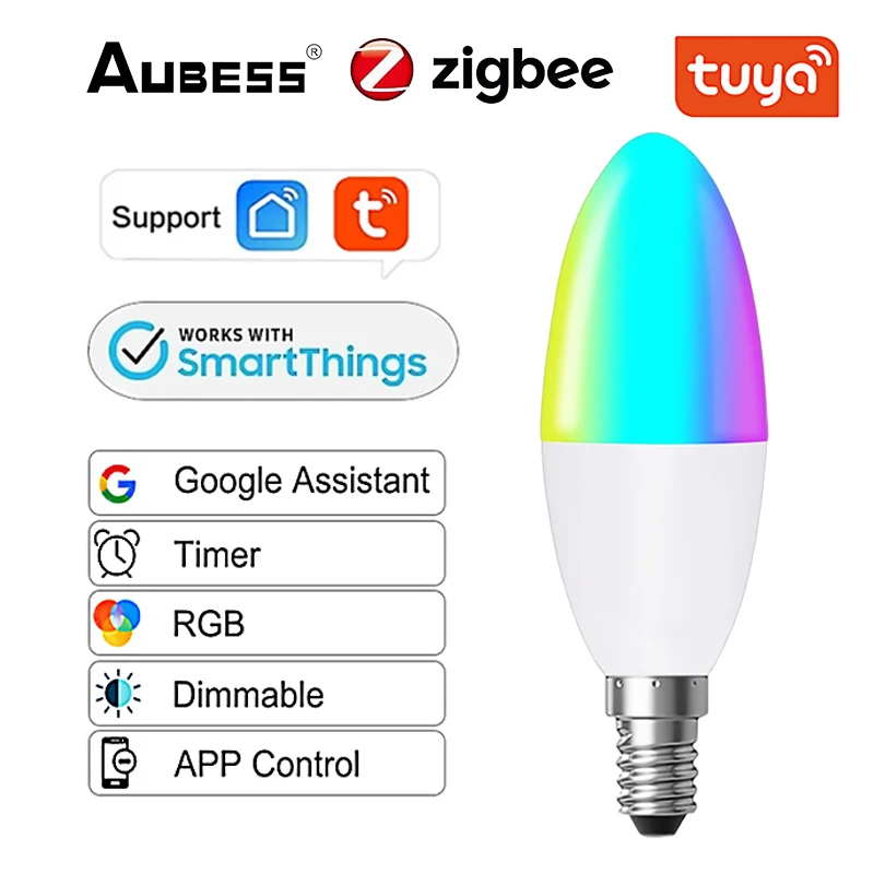 

Светодиодсветильник лампочка Tuya Zigbee, светодиодная лампочка E14, светодиодная лампочка для помещений, теплый и холодный белый свет, 5 Вт RGB + W + C...