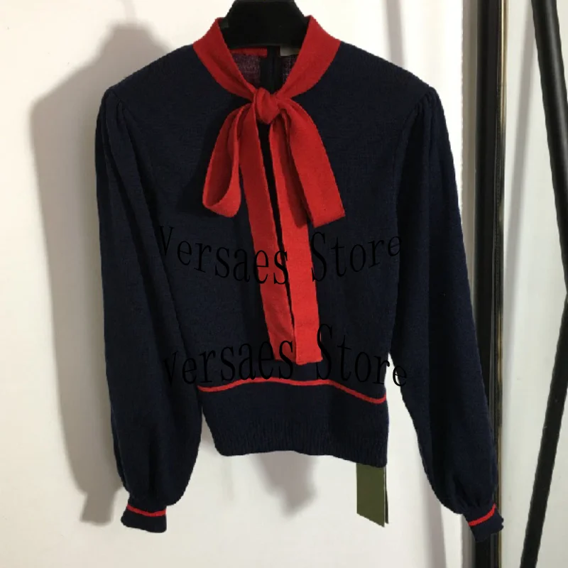 

2021 luxury design winter new elegant back embroidered letter bow tie wool knitted fashion cardigan long sleeve women sweaters