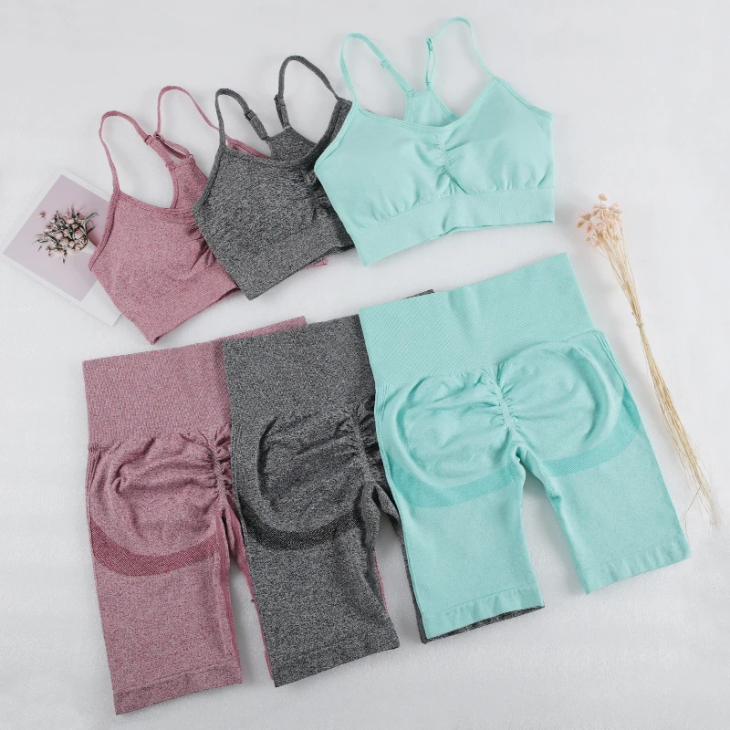 

Women Seamless Yoga Workout Set 2 Piece Outfits Gym Shorts Sports Bra