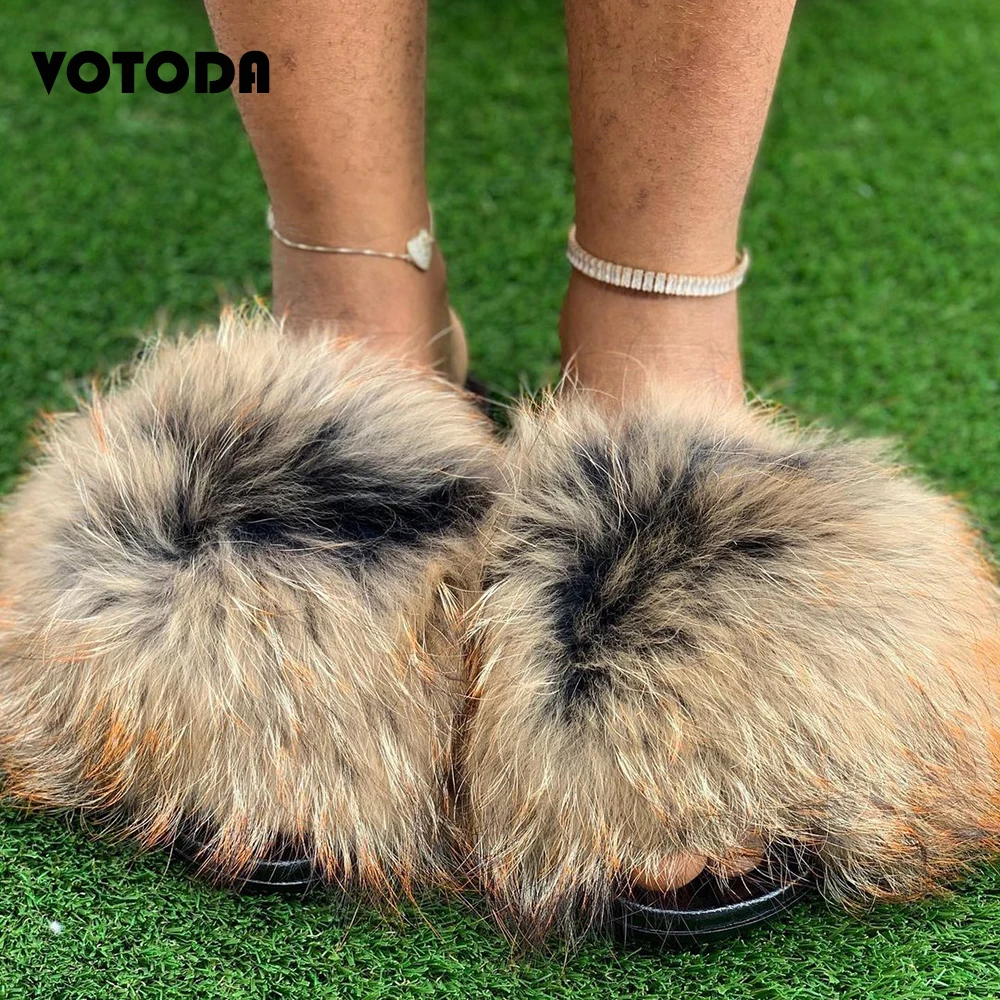 

Summer Women Fur Slippers Fluffy Raccoon Fur Slides Girl Furry Fox Fur Sandals Wholesale Cute Flat Home Shoes Flip-Flop Dropship