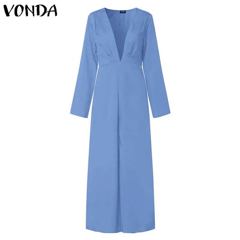 blue Женское летнее платье размера плюс, VONDA, винтажный комбинезон, сексуальный глубокий v-образный вырез, сарафан, ночные вечерние платья, повседневное платье, Femme 5XL - Цвет: blue
