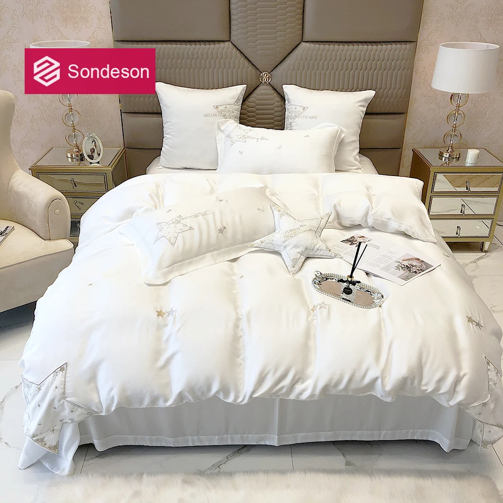 

Sondeson Women Star Top Grade 100% Silk White Bedding Set Duvet Cover Bed Linen Pillowcase Queen King Flat Sheet Or Fitted Sheet