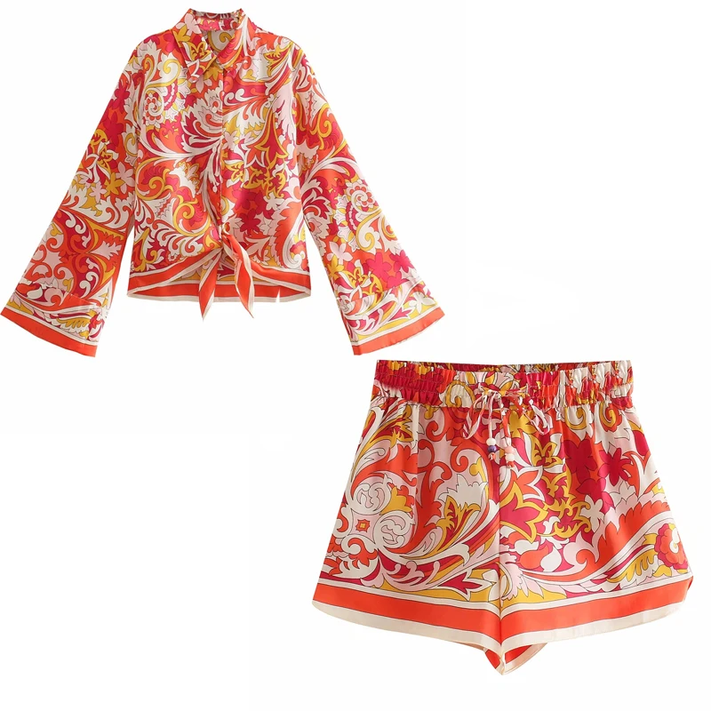 

Shorts Women Za Orange Print High Waist Short Pants Woman Summer 2021 Vintage Streetwear Beach Loose Casual Shorts Sets