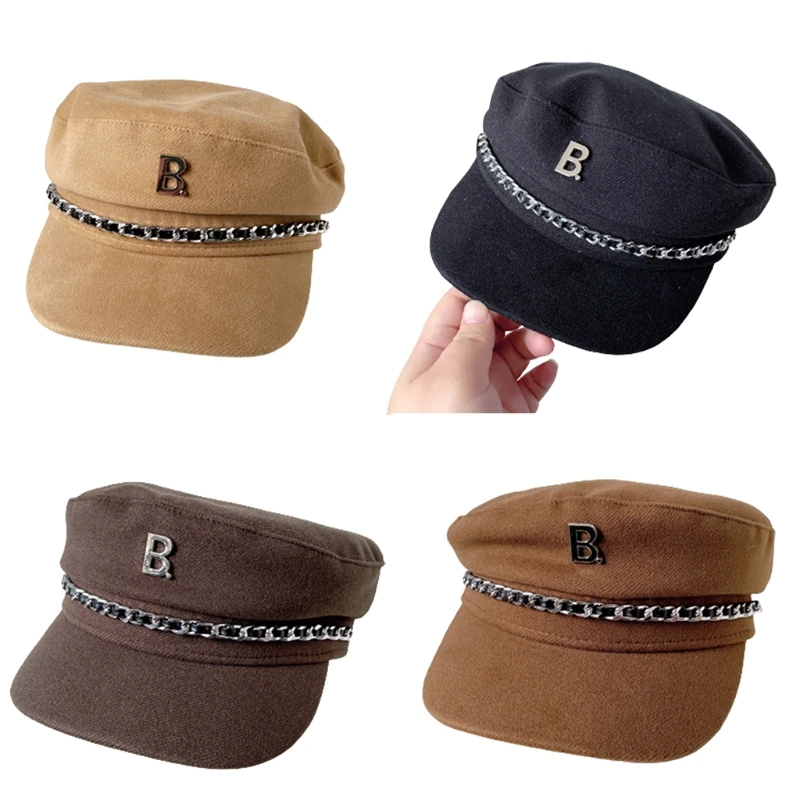 

Q39C Retro Style Ladies Womens Girls Beret Baker Boy Peaked Military Hat with Chain Dress Up Hat Black/Coffee/Camel/Khaki