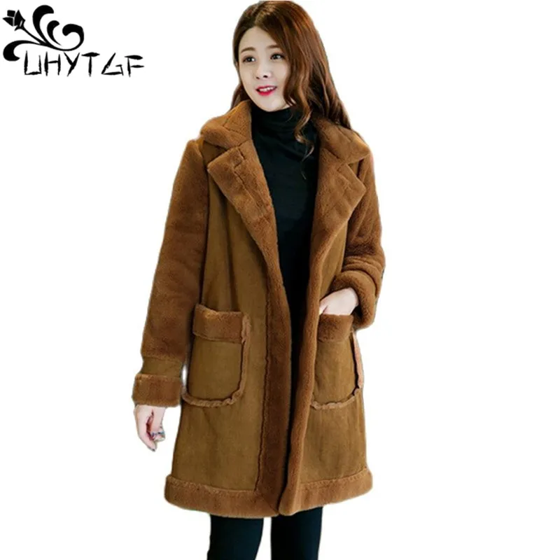 

UHYTGF Women's Winter Cotton Coat Quality Lambswool Casual Warm Outerwear Mid-Length Thicken Plus Size Jacket Parker Female 1584