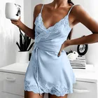 Новые женские шелковые слинг ночная рубашка Для женщин сексуальное женское белье с длинным рукавом твердых атласная кружевное чашки v-образная Пижама домашняя одежда S-3XL Jodimitty 2021