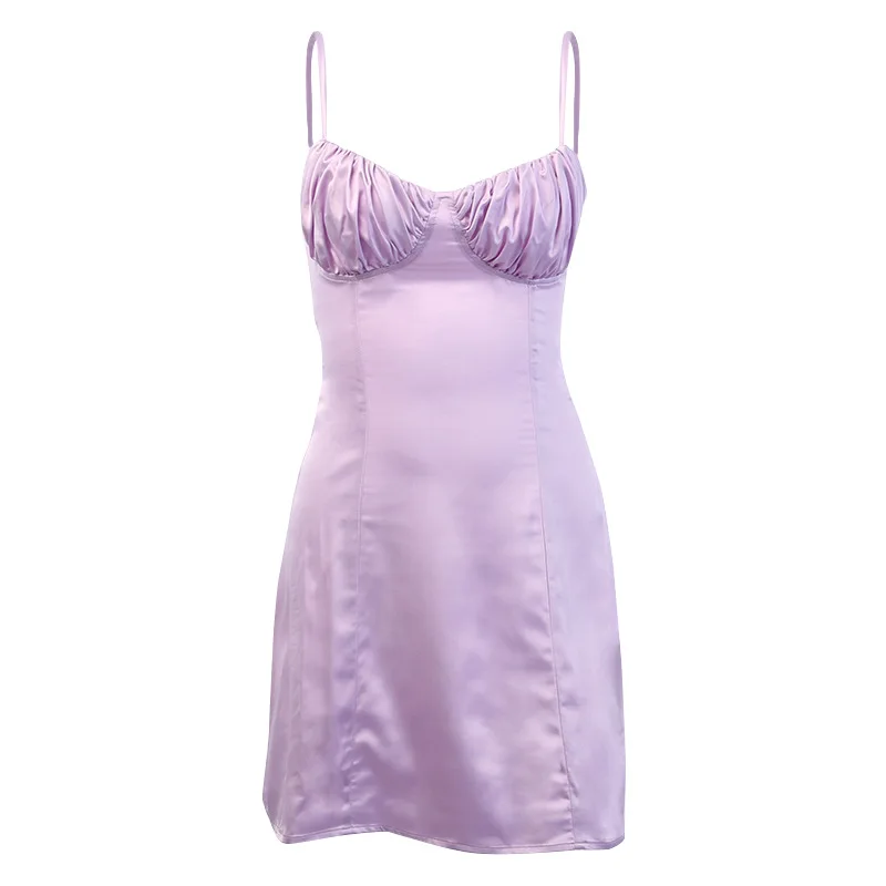 

Women Sexy Spaghetti Strap Dresses Solid Color Pleated Suspender Dress Backless Club Halter Strap Suspender Dress
