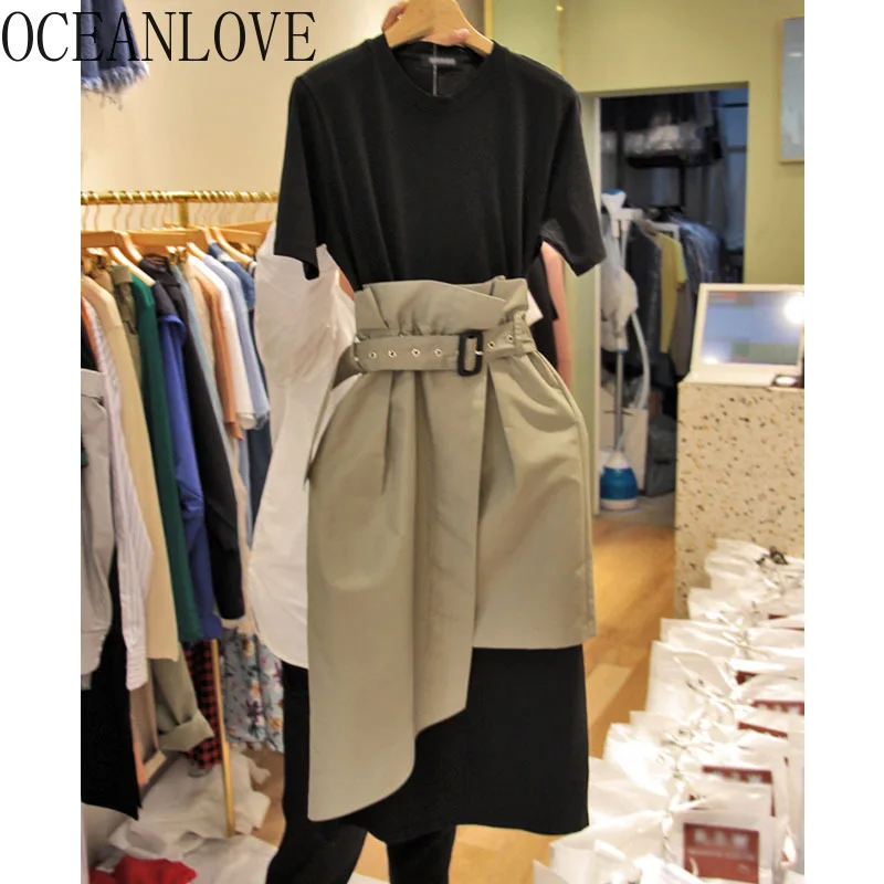 Женское платье с круглым вырезом OCEANLOVE корейское Бандажное коротким рукавом