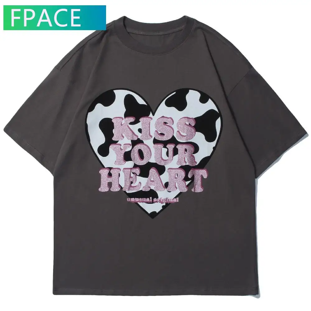 

FPACE Tshirts Harajuku Kiss Your Heart Print Short Sleeve T-Shirts Streetwear Fashion Summer Hip Hop Casual Cotton Tees Tops