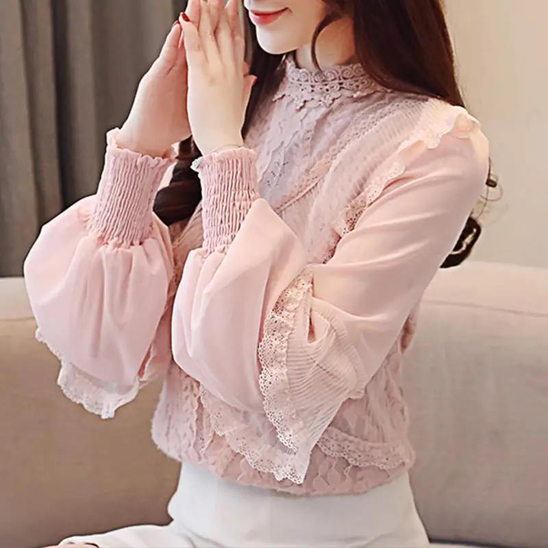 Женская кружевная шифоновая рубашка милая блузка с длинными рукавами фонариками