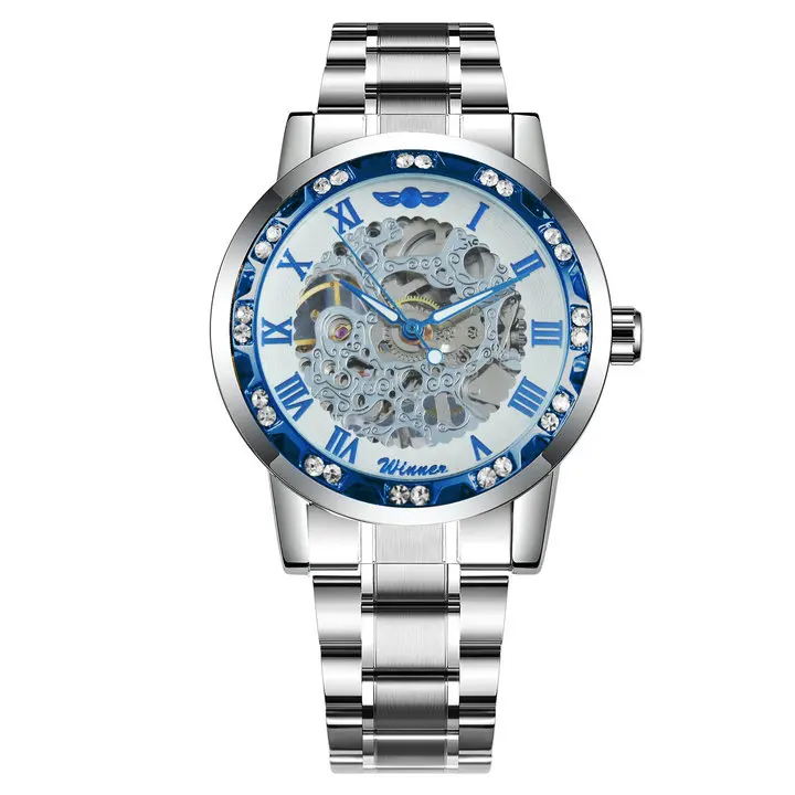 SILVER BLUE WHITE WINNER полые механические мужские часы от ведущего бренда роскошные модные панковские Стальные наручные часы с кристаллами для мужчин горячие часы - Цвет: SILVER BLUE WHITE