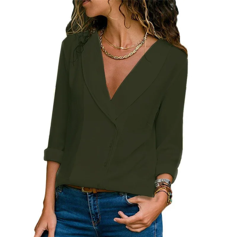 2019 женские рубашки Лето Осень Повседневная шифоновая блузка с v-образным вырезом