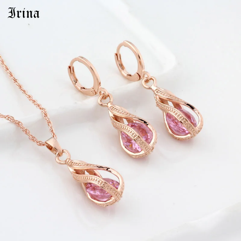 Pink Подарок, трендовые длинные серьги цвета розового золота 585, набор для женщин, свадебные полые Необычные кубические циркониевые ювелирные наборы - Окраска металла: Pink