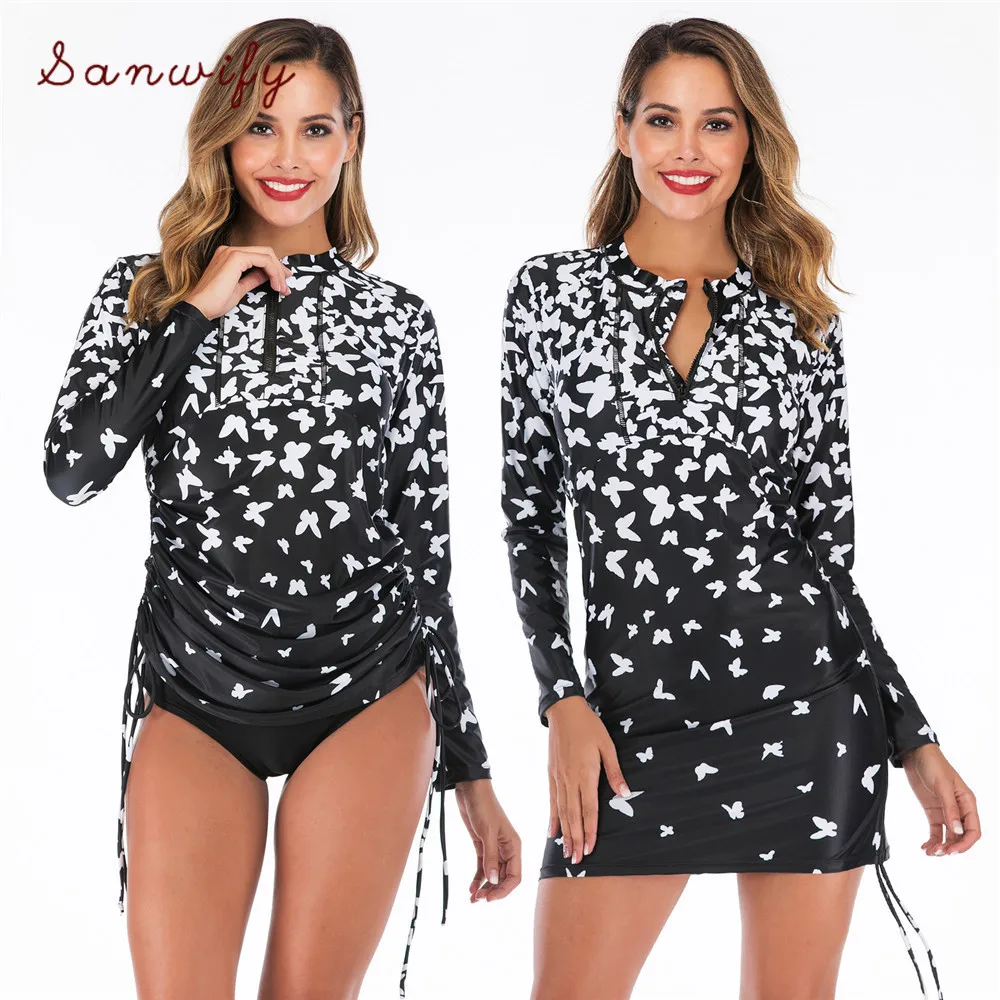 

Long Sleeves Rash Women Floral Print Swimwear Zipper Two Piece Swimsuit Skirted Surfing Suit Pleated Diving Suit Pad Beach