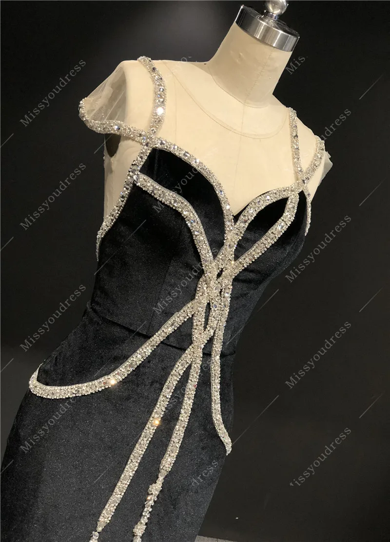 2021 Newest High Quality Custom Real Pictures Black Velvet Mermaid Cape sleeves Heavy Beading Floor Lenght Prom Evening Dress