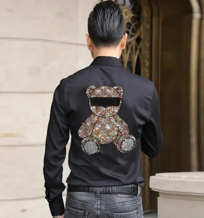 

Plus Size 4XL 2021 Rhinestones Shirts Men Brand long Sleeve Fashion Man Streetwear slik Slim shirts