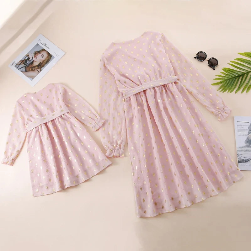 

Momther Daughter Dresses Family Matching Pageant Cotton Sundress Summer Casual Baby Girls Dot Pattern Long Sleeve Dress