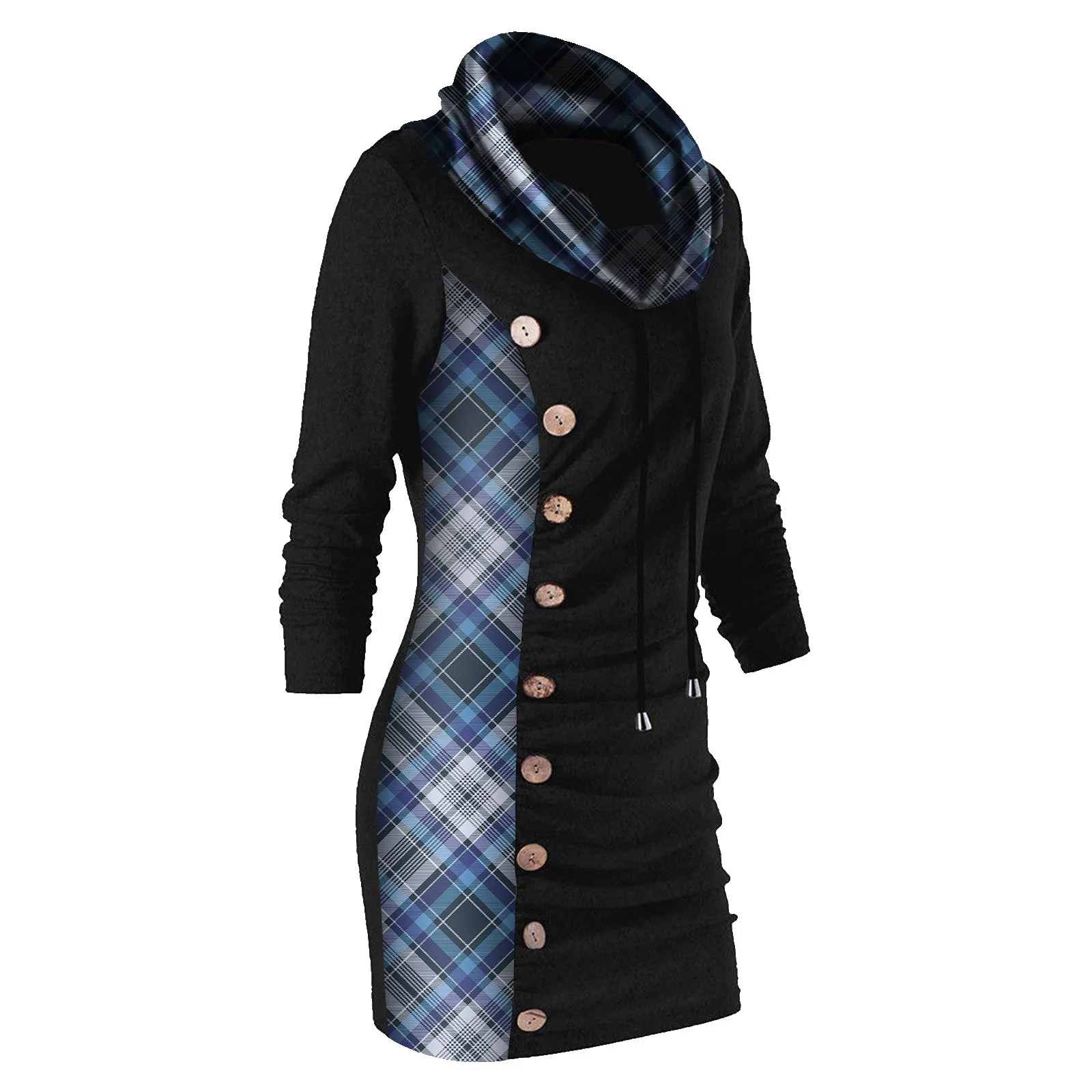 Women Autumn Winter Tops Long Sleeve Button Plaid Printed Stitching Sweatshirt Blouse Turtleneck In Stock | Женская одежда