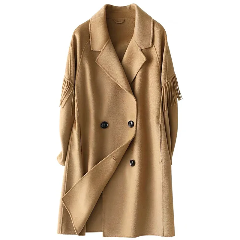 

Women's mid long tassel 2021 new winter loose high-end wool coat female 100% wool office lady Thickening clothes for women