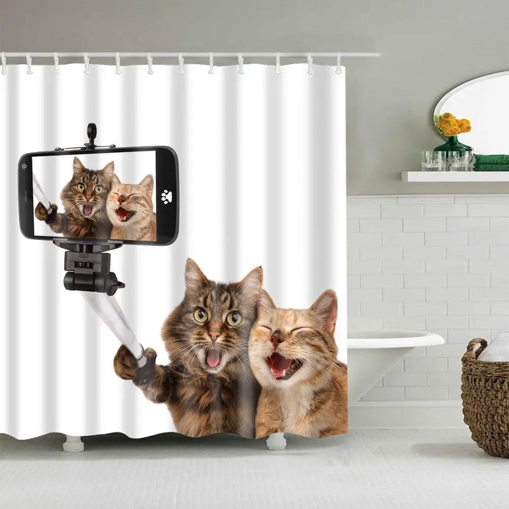

Animal Shower Curtain Two Cats Taking Selfie Fashion Bath Accessories with 12 Hooks Waterproof Polyester Fabric Bathroom Decor