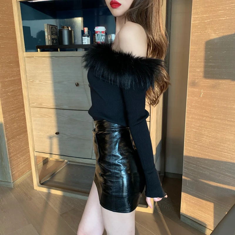 

Sexy Slash Fur Neck Stretch Women Sweater Top Chic Trendy Patchwork Ripped Elastic Knitted Faux Fur Top TN1726