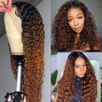 curly human hair wigs for women lace frontal 13x4 deep wave lace front wigs 160 density ombre brown wigs 10a brazilian hair