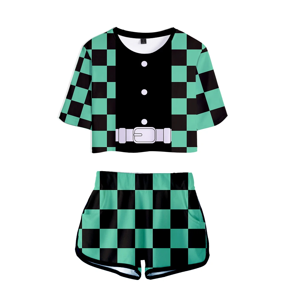 

New Demon Slayer Two Piece Set Sexy Short and Middle Waist Shorts Kimetsu No Yaiba Lady Fitness Summer Harajuku Sport Tracksuits