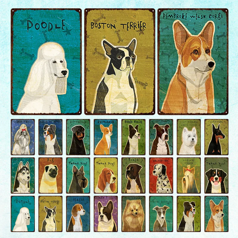 

Animals Poster Pet Shop Dog Breed Vintage Metal Tin Sign Plaque Lovely Dog Market Kennel Dog House Door Decoration Wall Plate