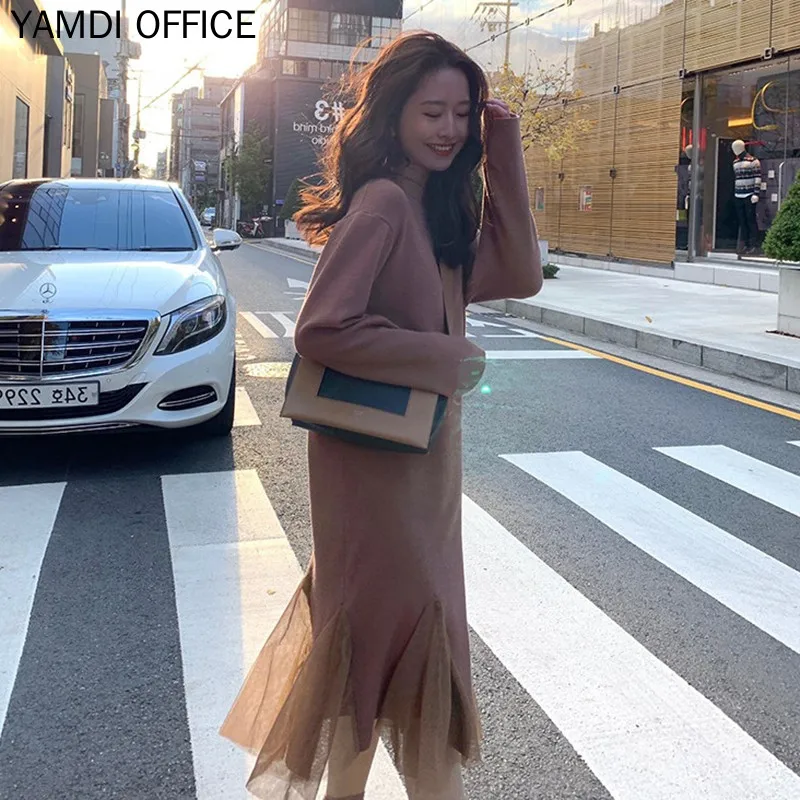 Осенне-зимние платья YAMDI 2019 женские корейские элегантные однотонные серые