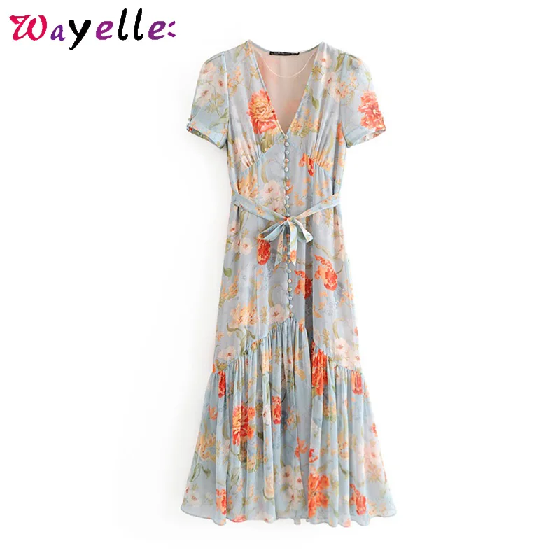 Шифоновое платье с цветочным принтом, женское летнее платье в стиле бохо с v-образным вырезом и поясом-бабочкой, Классические винтажные плиссированные платья, элегантное сексуальное платье