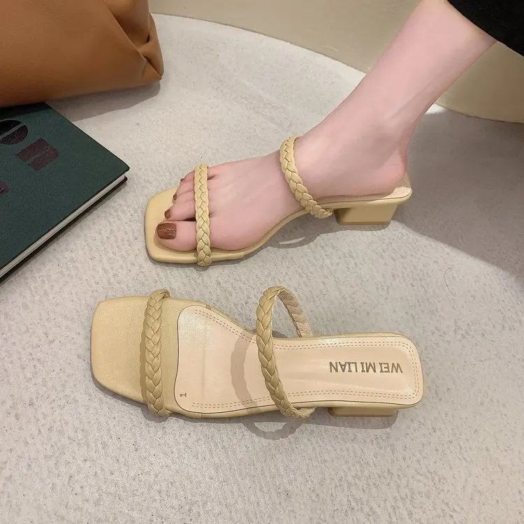 

Square heel Shoes Ladies' Slippers Med Luxury Slides Slipers Women Block Designer Summer 2021 PU Hoof Heels Basic Rubber Fabric
