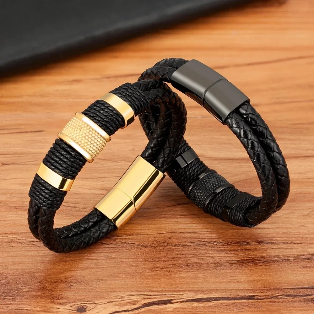 

Woven Leather Rope Bag Special Style Classic Stainless Steel Magnetic Buckle Men's Leather Bracelet Double Layer Design Jewelry