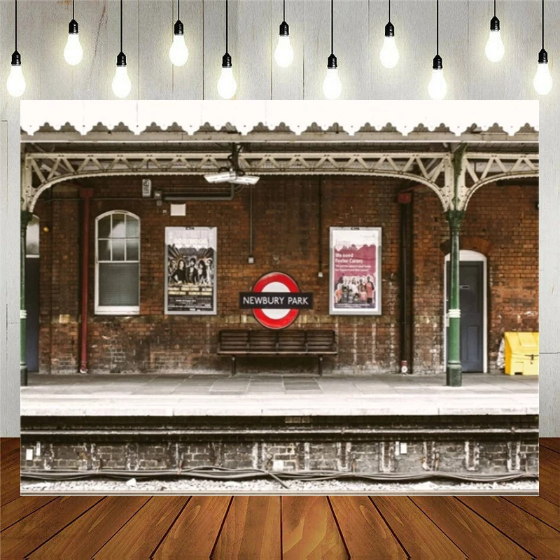 

Train Station Backdrops Nostalgic Railway Platform Old Brick Wall Playbill Bench Photography Background Locomotive Track