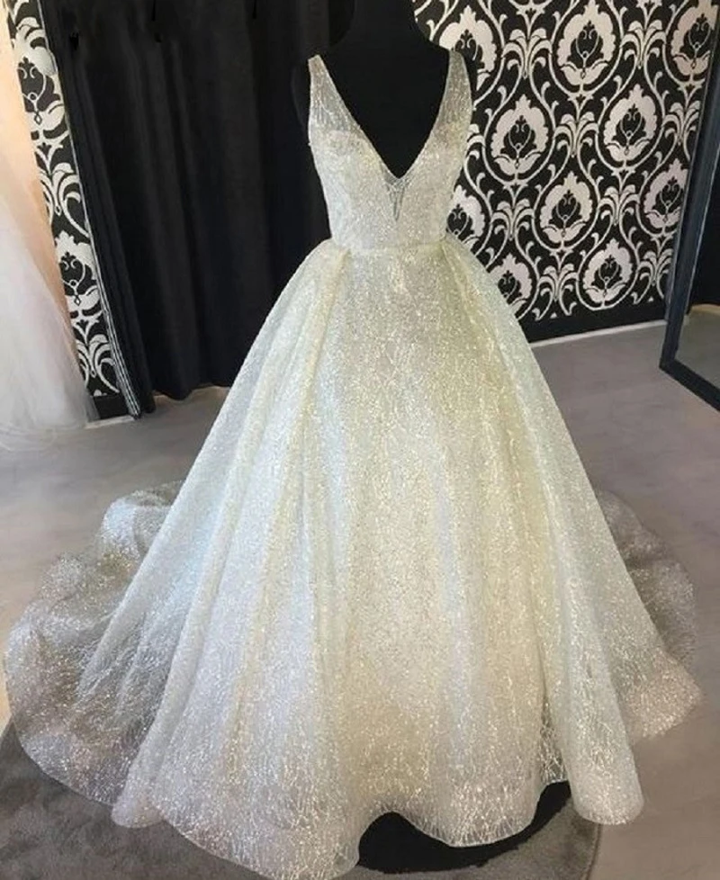Блестящие Свадебные платья принцессы 2020 с открытой спиной и V-образным вырезом