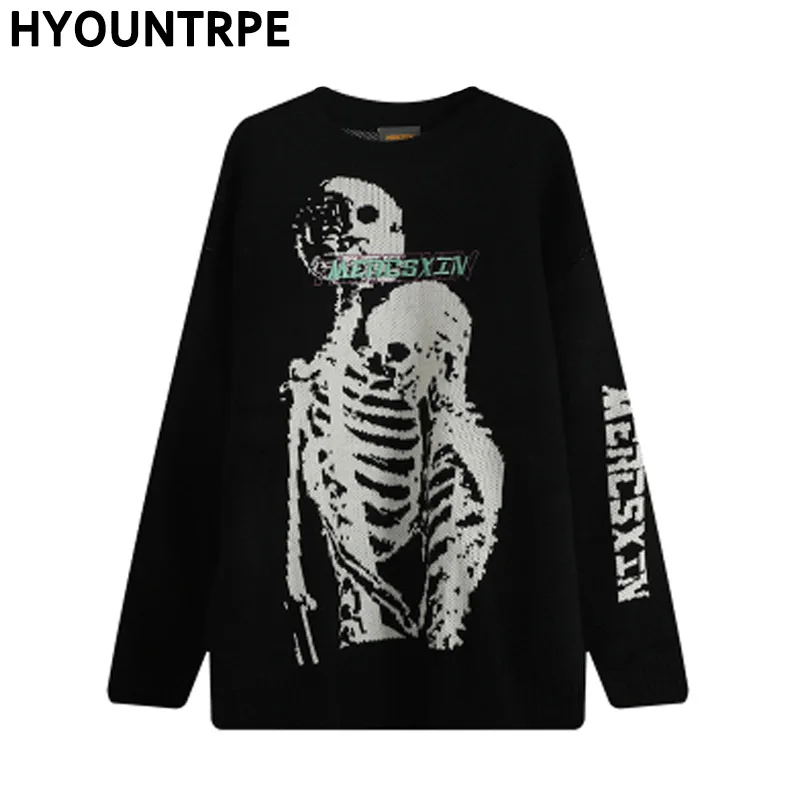 Мужской вязаный Свитер оверсайз в стиле хип-хоп пуловер с круглым вырезом и