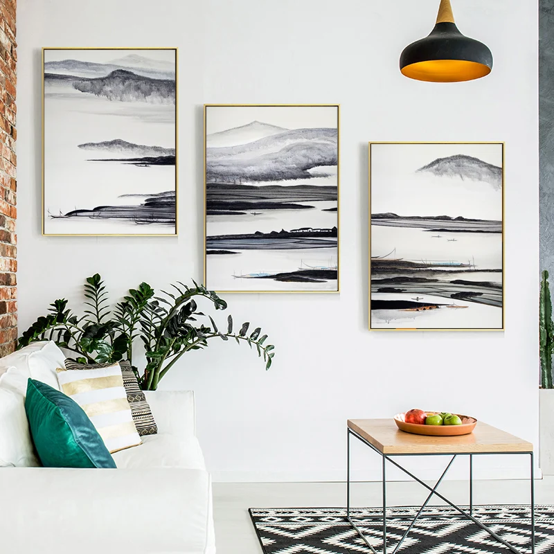

Chinese Landscape Ink Wall Art Gray Mountain River Boat Canvas Painting Coastal Life Poster and Print for Living Room Home Decor